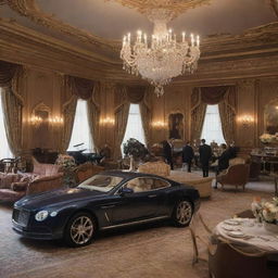 An opulent depiction of a wealthy man's lifestyle, showcasing a luxurious mansion, a fleet of high-end cars, bespoke tailored suits, and decadent banquets.