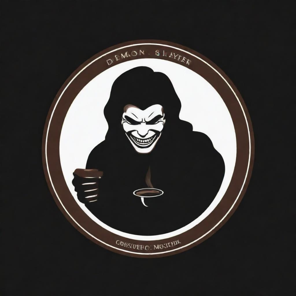 A logo for a coffee package named 'Demon Slayer'. A person savoring coffee with a relaxed and pleasurable expression, surrounded by a black aura with white details indicating a strong, energetic spirit. The colours should be warm and formal.