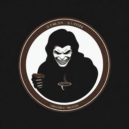 A logo for a coffee package named 'Demon Slayer'. A person savoring coffee with a relaxed and pleasurable expression, surrounded by a black aura with white details indicating a strong, energetic spirit. The colours should be warm and formal.