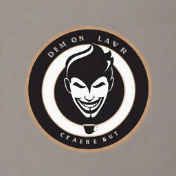 A logo for a coffee package named 'Demon Slayer'. A person savoring coffee with a relaxed and pleasurable expression, surrounded by a black aura with white details indicating a strong, energetic spirit. The colours should be warm and formal.