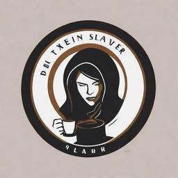 A logo for a coffee package named 'Demon Slayer'. A person savoring coffee with a relaxed and pleasurable expression, surrounded by a black aura with white details indicating a strong, energetic spirit. The colours should be warm and formal.