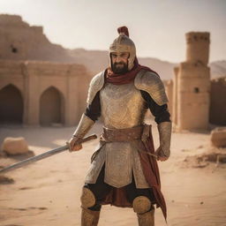 A brave Persian warrior in traditional armor, wielding a curved sword under the golden sunlight. Background scenery is a desert with ruins of an ancient civilization