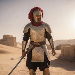 A brave Persian warrior in traditional armor, wielding a curved sword under the golden sunlight. Background scenery is a desert with ruins of an ancient civilization