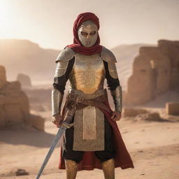 A brave Persian warrior in traditional armor, wielding a curved sword under the golden sunlight. Background scenery is a desert with ruins of an ancient civilization