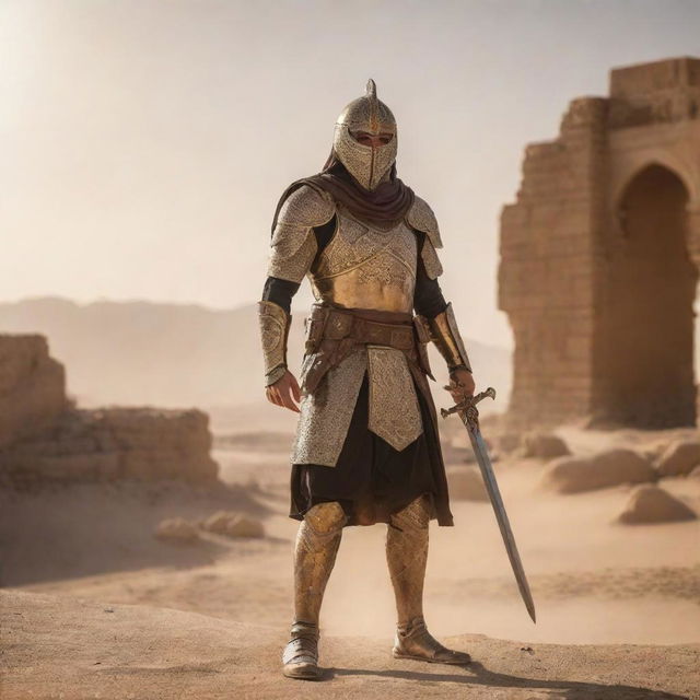 A brave Persian warrior in traditional armor, wielding a curved sword under the golden sunlight. Background scenery is a desert with ruins of an ancient civilization