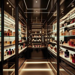 Interior of a narrow perfume store, 10 feet wide, 3 feet long, with elegant glass shelves and a variety of perfume bottles, sophisticated lighting, and luxury decor.