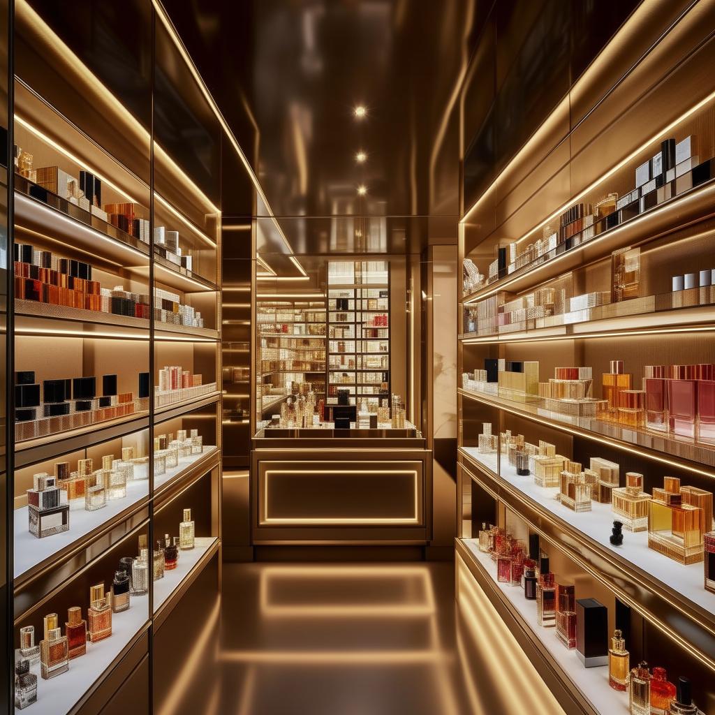 Interior of a narrow perfume store, 10 feet wide, 3 feet long, with elegant glass shelves and a variety of perfume bottles, sophisticated lighting, and luxury decor.