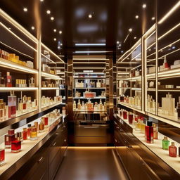 Interior of a narrow perfume store, 10 feet wide, 3 feet long, with elegant glass shelves and a variety of perfume bottles, sophisticated lighting, and luxury decor.