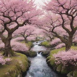 Enchanting anime-inspired landscape filled with vibrant cherry blossoms, ancient trees, and meandering streams