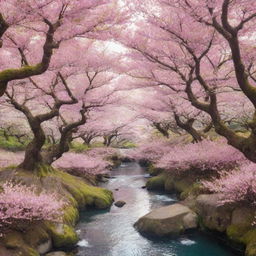 Enchanting anime-inspired landscape filled with vibrant cherry blossoms, ancient trees, and meandering streams