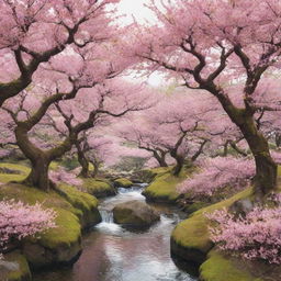 Enchanting anime-inspired landscape filled with vibrant cherry blossoms, ancient trees, and meandering streams