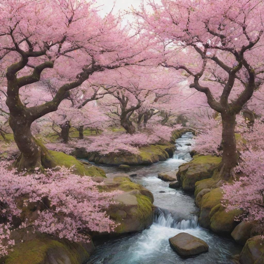 Enchanting anime-inspired landscape filled with vibrant cherry blossoms, ancient trees, and meandering streams