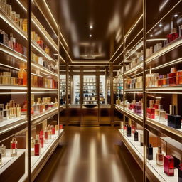 Interior of a narrow perfume store, 10 feet wide, 3 feet long, with elegant glass shelves and a variety of perfume bottles, sophisticated lighting, and luxury decor.