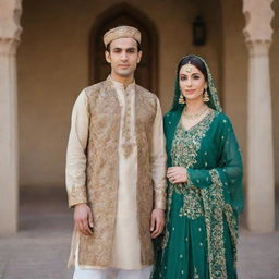 A husband and wife dressed in traditional Pakistani attire, standing together in a setting that showcases Pakistani culture.