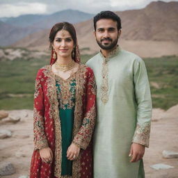 A husband and wife dressed in traditional Pakistani attire, standing together in a setting that showcases Pakistani culture.