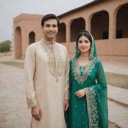 A husband and wife dressed in traditional Pakistani attire, standing together in a setting that showcases Pakistani culture.