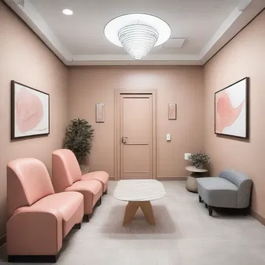The vestibule of the vagina in this gynecologist's office is beautifully decorated with an elegant color scheme and comfortable seating.