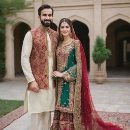 A husband and wife dressed in traditional Pakistani attire, standing together in a setting that showcases Pakistani culture.