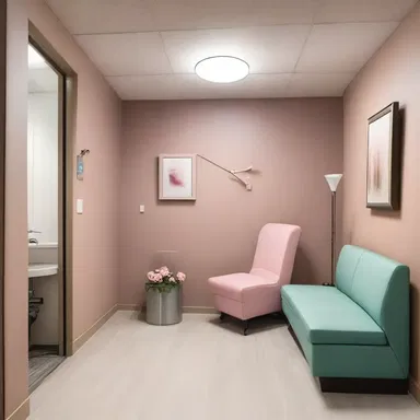 The vestibule of the vagina in this gynecologist's office is beautifully decorated with an elegant color scheme and comfortable seating.