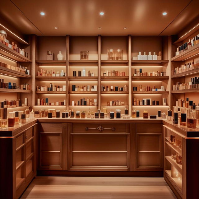 Cozy boutique perfume shop, 10 feet wide, 3 feet in length, with vintage wooden shelves, luxurious perfume bottles, soft ambient lighting, and a chic aesthetic.