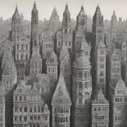 An intricate composition of various architectural styles forming a harmonious cityscape.