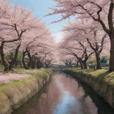 Hyper-realistic anime-style paradise with cherry blossoms swaying in the breeze, murmuring streams, and ancient trees whispering tales