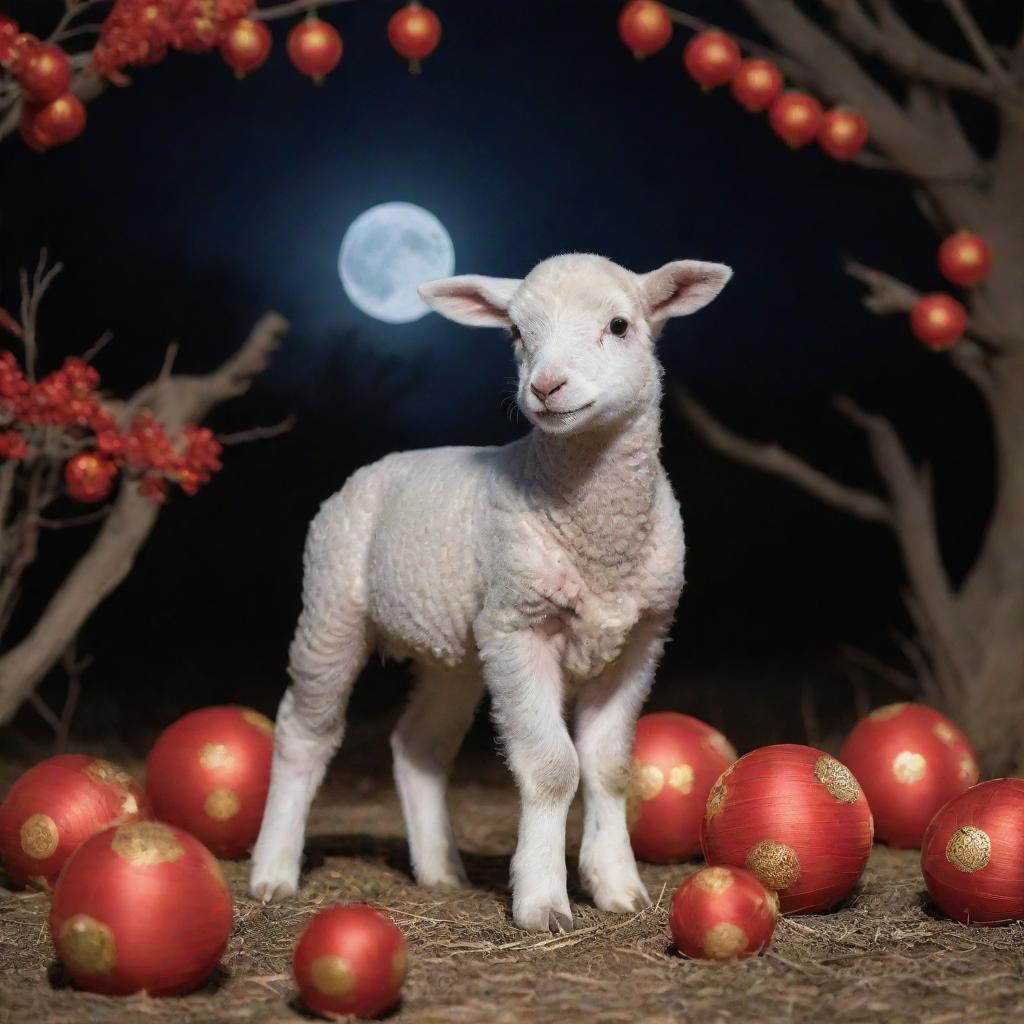 A picturesque scene of a lamb under a full moon, adorned with decorations celebrating the Lunar New Year.