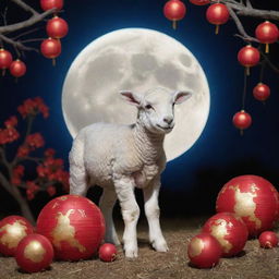 A picturesque scene of a lamb under a full moon, adorned with decorations celebrating the Lunar New Year.