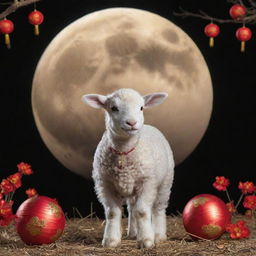 A picturesque scene of a lamb under a full moon, adorned with decorations celebrating the Lunar New Year.