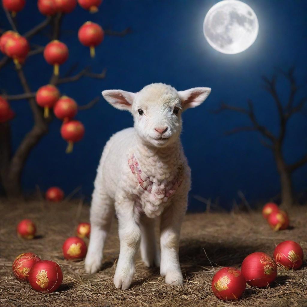 A picturesque scene of a lamb under a full moon, adorned with decorations celebrating the Lunar New Year.