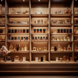 Cozy boutique perfume shop, 10 feet wide, 3 feet in length, with vintage wooden shelves, luxurious perfume bottles, soft ambient lighting, and a chic aesthetic.