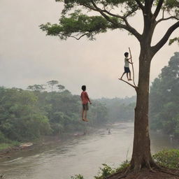 A boy standing on the edge of a treetop holds a wooden stick as a girl tries to evade him. The scene unfurls riverside, with a tsunami fast approaching in the background and the girl attempting to escape towards safer ground.