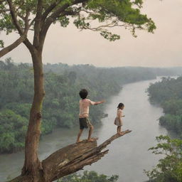 A boy standing on the edge of a treetop holds a wooden stick as a girl tries to evade him. The scene unfurls riverside, with a tsunami fast approaching in the background and the girl attempting to escape towards safer ground.