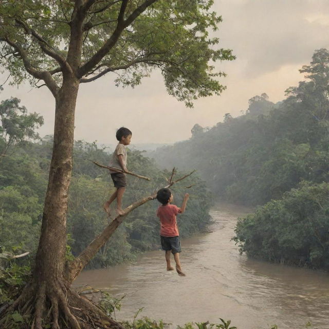 A boy standing on the edge of a treetop holds a wooden stick as a girl tries to evade him. The scene unfurls riverside, with a tsunami fast approaching in the background and the girl attempting to escape towards safer ground.