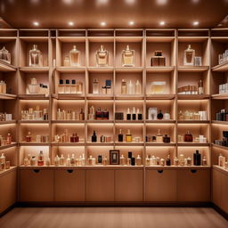 Cozy boutique perfume shop, 10 feet wide, 3 feet in length, with vintage wooden shelves, luxurious perfume bottles, soft ambient lighting, and a chic aesthetic.