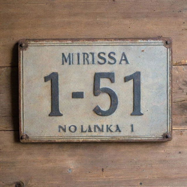 A vintage, rustic metal sign that reads 'Mirrisa Sri Lanka No. 1' with a weathered look and distressed detailing.