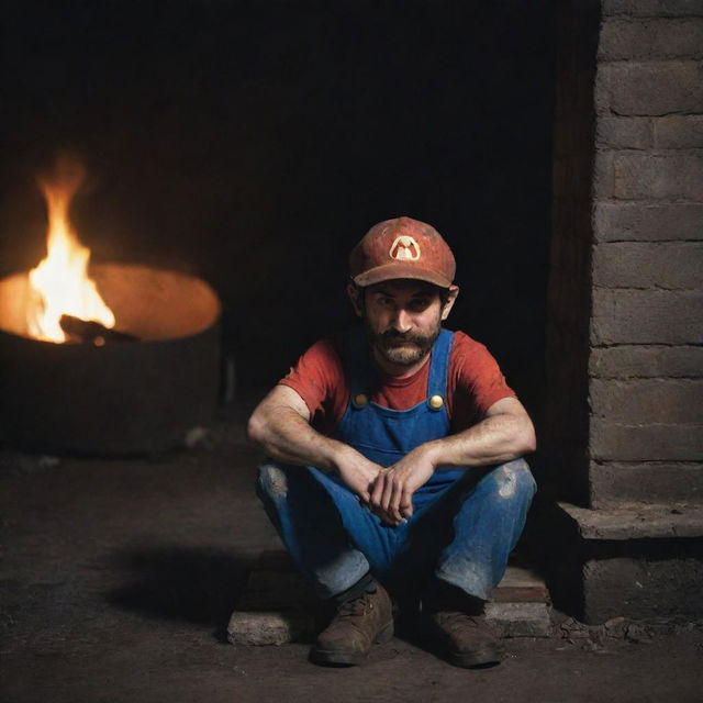 A distressed yet determined Mario from the Super Mario series, looking homeless with torn clothes, a beard and a road-worn cap, sitting by a fire lit in a rusted can in a dark alley.