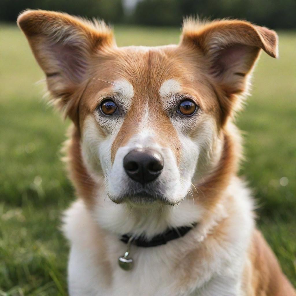 A detailed portrait of a lively and beautiful dog with expressive eyes and a shiny coat, in a grassy outdoor setting