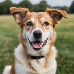 A detailed portrait of a lively and beautiful dog with expressive eyes and a shiny coat, in a grassy outdoor setting