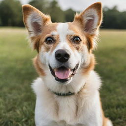 A detailed portrait of a lively and beautiful dog with expressive eyes and a shiny coat, in a grassy outdoor setting