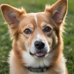 A detailed portrait of a lively and beautiful dog with expressive eyes and a shiny coat, in a grassy outdoor setting