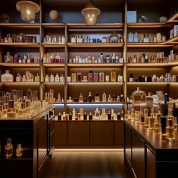 Cozy boutique perfume shop, 10 feet wide, 3 feet in length, with vintage wooden shelves, luxurious perfume bottles, soft ambient lighting, and a chic aesthetic.