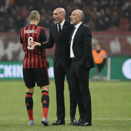 Stefano Pioli, the manager of AC Milan, showing visible frustration towards Rade Krunic, a player in his team, in the midst of a game at the San Siro stadium.