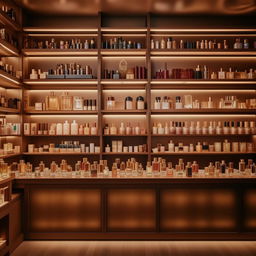 Cozy boutique perfume shop, 10 feet wide, 3 feet in length, with vintage wooden shelves, luxurious perfume bottles, soft ambient lighting, and a chic aesthetic.