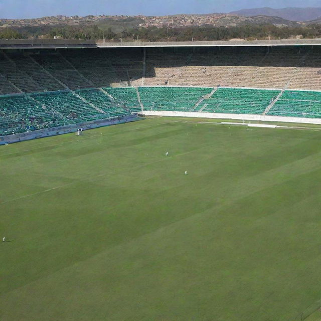 A vibrant Algerian football pitch at midday, accentuated by clear sky. The well-manicured green grass stands out, with white lines marking the field. Spectators on the bleachers create a colorful background.