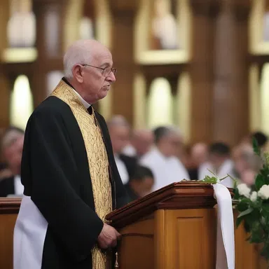 The priest delivered a funereal sermon, his voice low and full of grief, as the congregation mourned the loss of their beloved community leader.