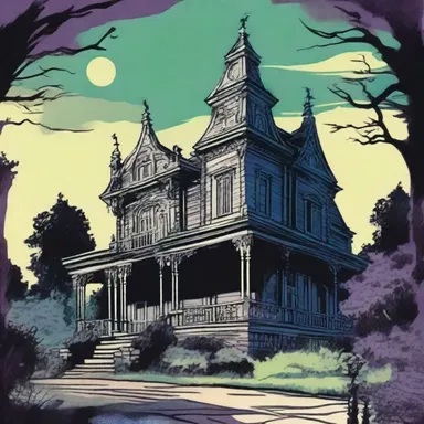 The artist used funereal colors and dark shadows to depict the mysterious and eerie setting of the haunted mansion in the comic.