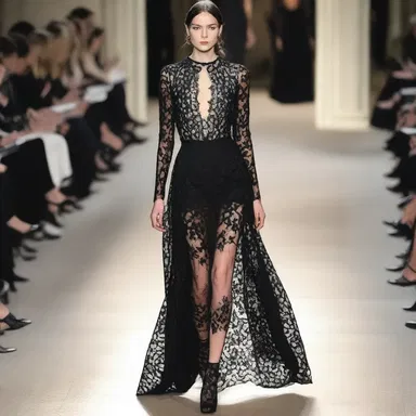 The elegant, black lace dress with its flowing silhouette had a funereal appeal, perfectly suited for a sophisticated evening event.