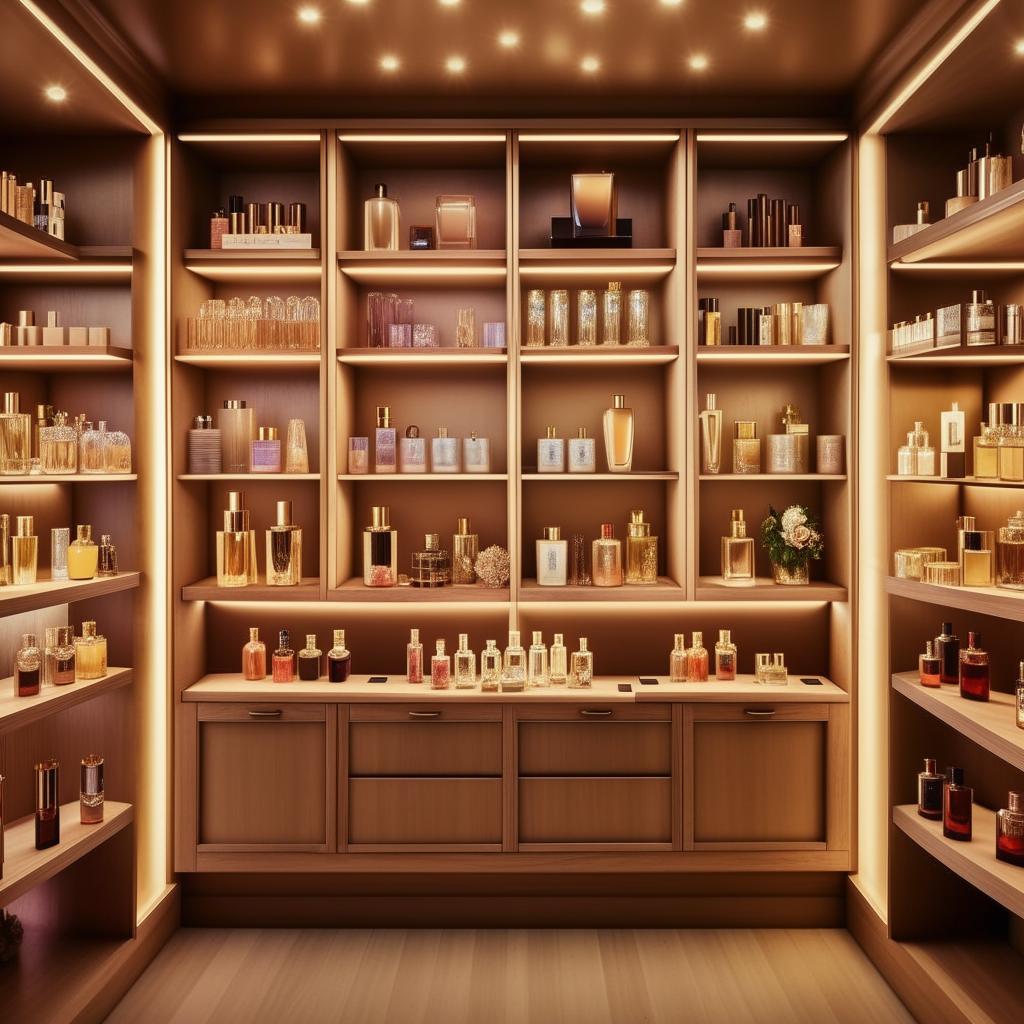 Cozy boutique perfume shop, 10 feet wide, 3 feet in length, with vintage wooden shelves, luxurious perfume bottles, soft ambient lighting, and a chic aesthetic.