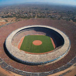 A wide-angle view capturing the architectural beauty of various African stadiums filled with vibrant cheering crowds, under a clear blue sky.